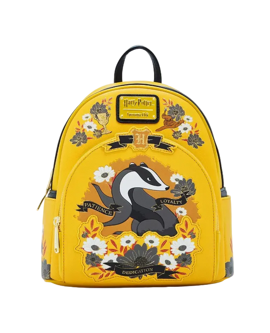 Yellow backpack with badger design and floral elements on a white background