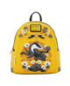 Yellow backpack with badger design and floral elements on a white background