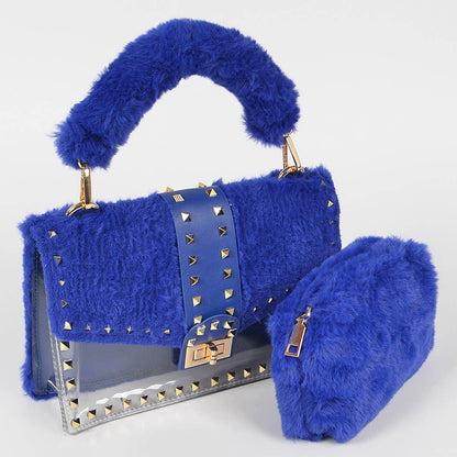 HPC3207 FAUX FUR CLEAR CLUTCH W/ DETACHABLE PURSE: Mustard