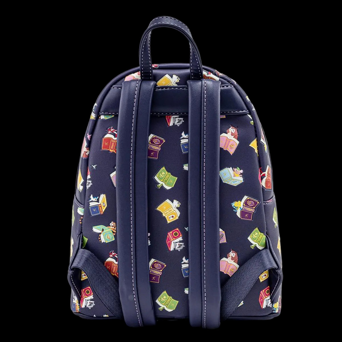 A navy blue backpack featuring an all-over colorful pattern of illustrated books, shown from the back against a plain white background.