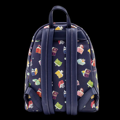 A navy blue backpack featuring an all-over colorful pattern of illustrated books, shown from the back against a plain white background.