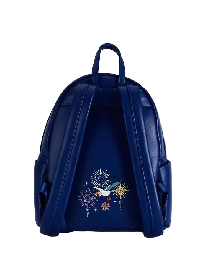 A navy blue faux-leather backpack shown from the back, featuring a colorful embroidered design of a white bird and fireworks on the center panel.