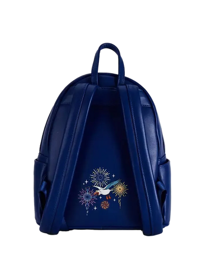 A navy blue faux-leather backpack shown from the back, featuring a colorful embroidered design of a white bird and fireworks on the center panel.