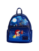 A Disney The Little Mermaid mini backpack in navy blue, featuring character artwork of Ariel, Sebastian, and Flounder under a starry night sky with fireworks and a ship, on a light gray background.
