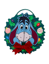 A circular Christmas wreath wall hanging featuring the character Eeyore from Winnie the Pooh, with a red bow at the bottom and colorful ornaments on a white background.