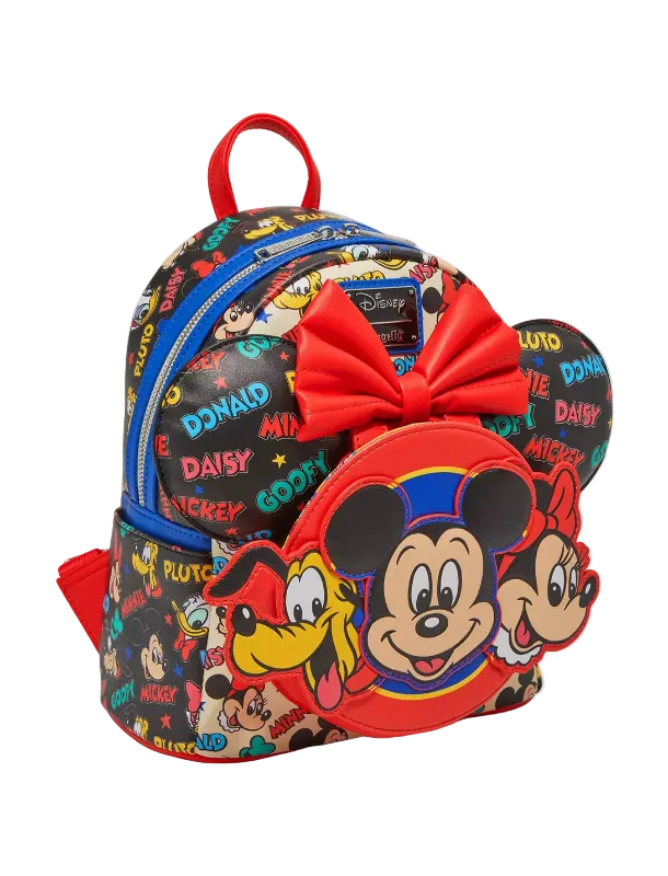 Backpack with cartoon characters and a large red bow on a white background