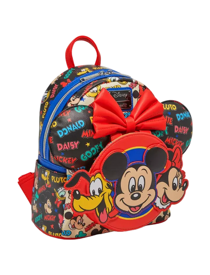 Backpack with cartoon characters and a large red bow on a white background