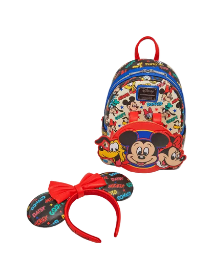 Backpack and headband with Mickey Mouse design on a white background