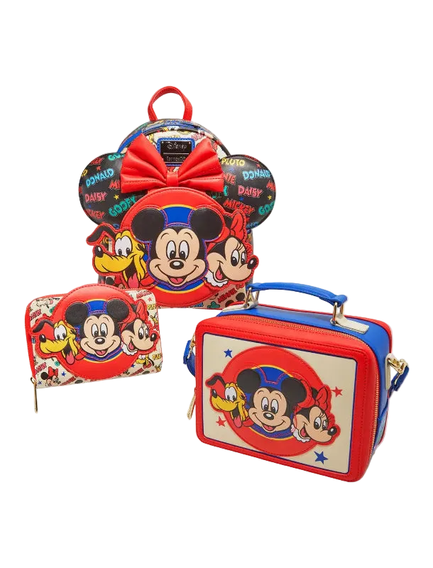 Set of Disney-themed bags featuring Mickey Mouse and friends on a white background