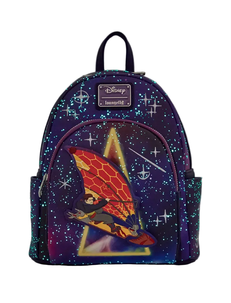 A Disney Immortelle mini backpack featuring a dark purple and blue galaxy print with teal glitter accents, a large graphic of Immortelle on a winged cart, and a silver Disney logo plaque on the front.