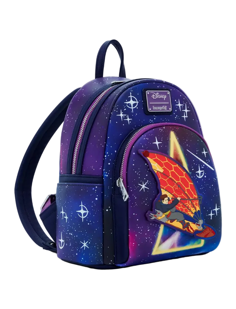 A Disney Loungefly mini backpack featuring a purple and blue galaxy print with white star motifs, a front pocket with a red winged character patch, and a visible Disney Loungefly logo plaque.