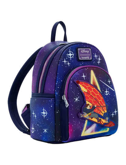 A Disney Loungefly mini backpack featuring a purple and blue galaxy print with white star motifs, a front pocket with a red winged character patch, and a visible Disney Loungefly logo plaque.