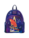 A Disney-themed mini backpack featuring a purple and blue galaxy print with white stars, a pink zipper, and a large front graphic of a character flying on a winged surfboard. A purple Disney logo plaque is visible on the front.