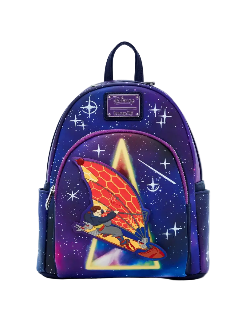 A Disney-themed mini backpack featuring a purple and blue galaxy print with white stars, a pink zipper, and a large front graphic of a character flying on a winged surfboard. A purple Disney logo plaque is visible on the front.