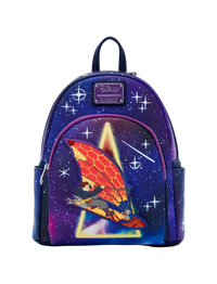 A Disney-themed mini backpack featuring a purple and blue galaxy print with white stars, a pink zipper, and a large front graphic of a character flying on a winged surfboard. A purple Disney logo plaque is visible on the front.