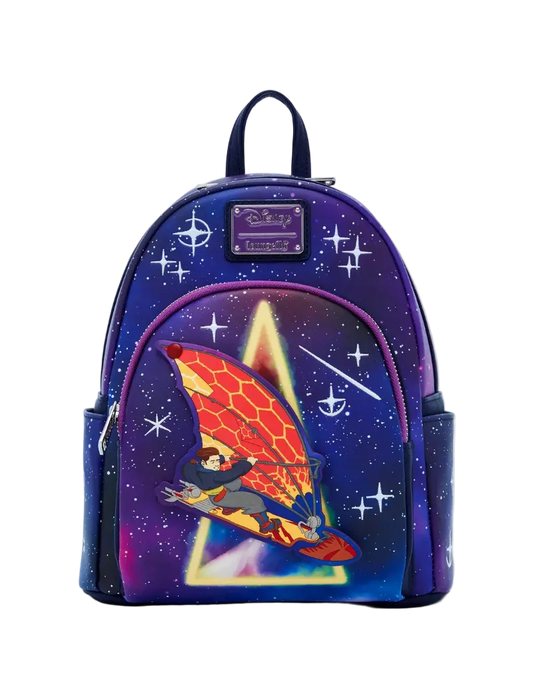 A Disney-themed mini backpack featuring a purple and blue galaxy print with white stars, a pink zipper, and a large front graphic of a character flying on a winged surfboard. A purple Disney logo plaque is visible on the front.