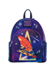 A Disney-themed mini backpack featuring a purple and blue galaxy print with white stars, a pink zipper, and a large front graphic of a character flying on a winged surfboard. A purple Disney logo plaque is visible on the front.