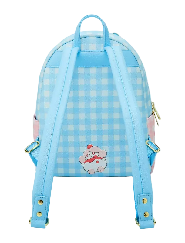 Light blue checkered backpack with a cartoon character on a white background