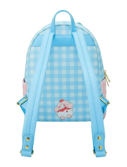 Light blue checkered backpack with a cartoon character on a white background