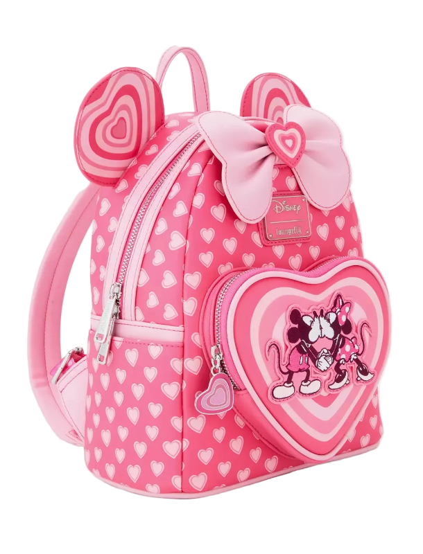 Pink backpack with heart design and Minnie Mouse illustration on a white background