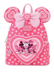 Pink backpack with heart design and Minnie Mouse illustration on a white background