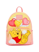 A pastel pink and yellow Disney Winnie the Pooh backpack featuring a large applique of Winnie the Pooh holding red and yellow heart-shaped balloons, with a pink Disney Memory Lane patch on the front.