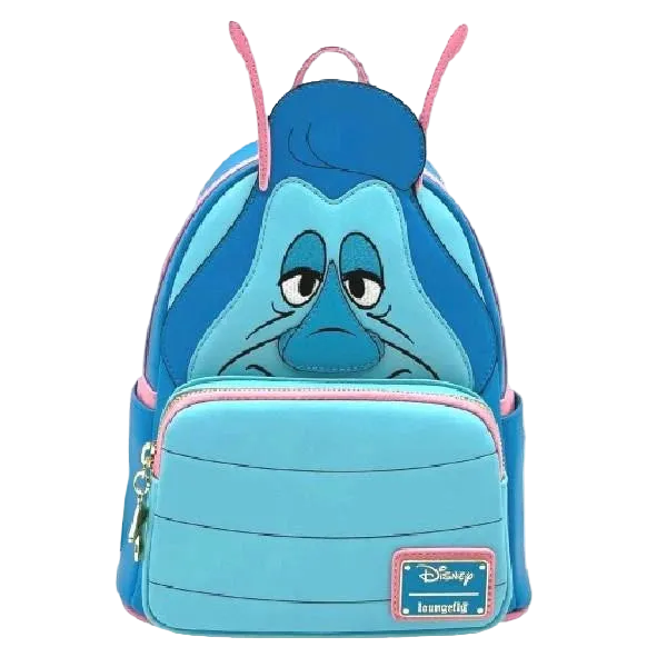 Blue backpack with cartoon face design on a white background