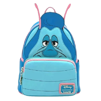Blue backpack with cartoon face design on a white background