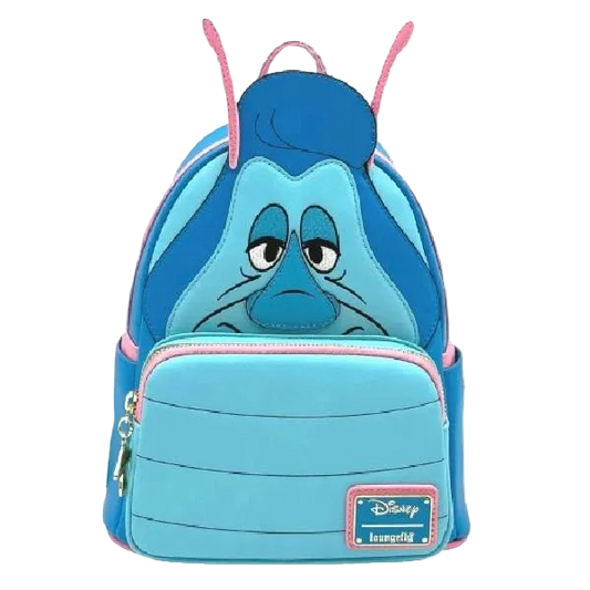Blue backpack with cartoon face design on a white background