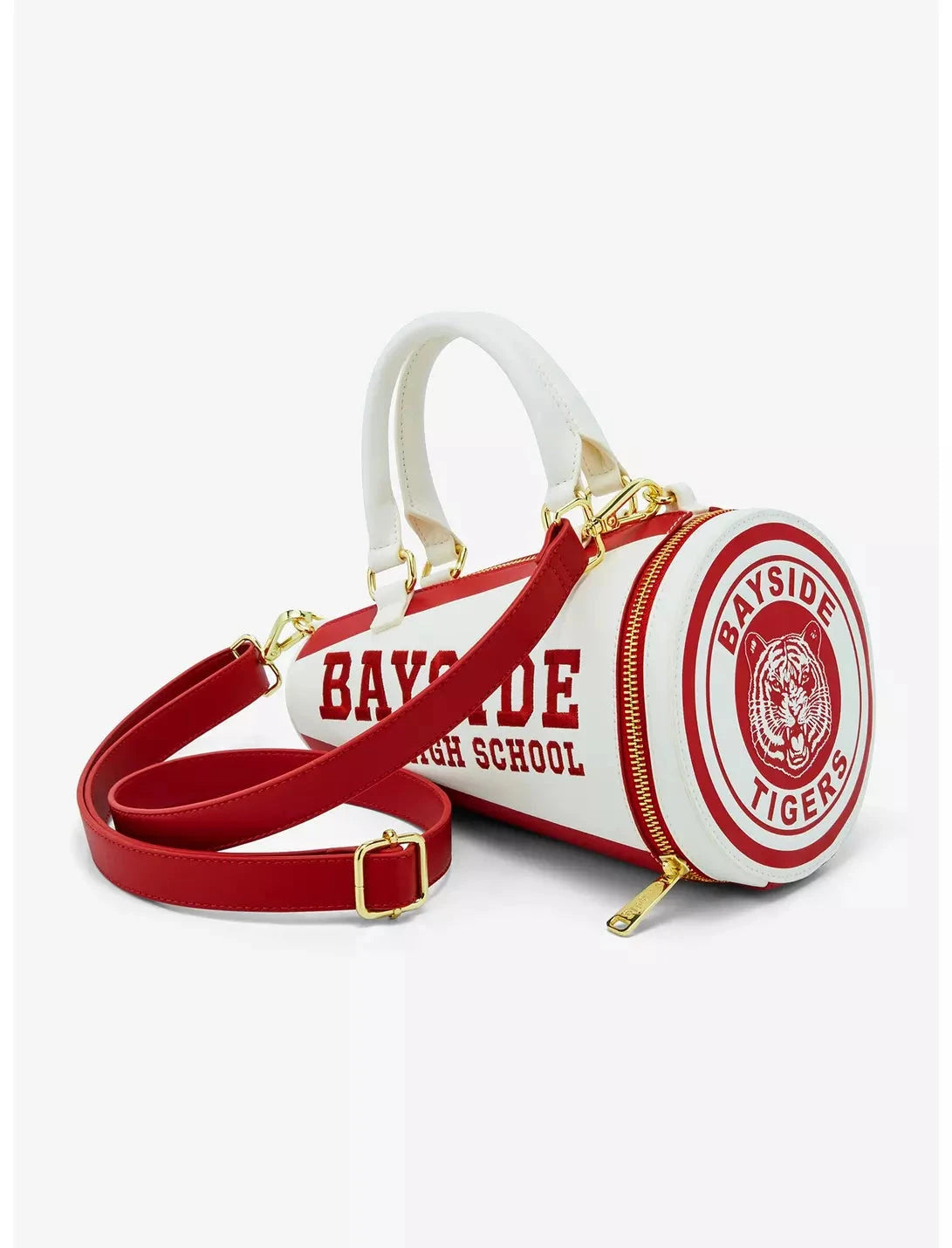 Bayside High Megaphone Crossbody Bag with removable red strap and Bayside Tigers logo on the side, ideal for school spirit and retro style.