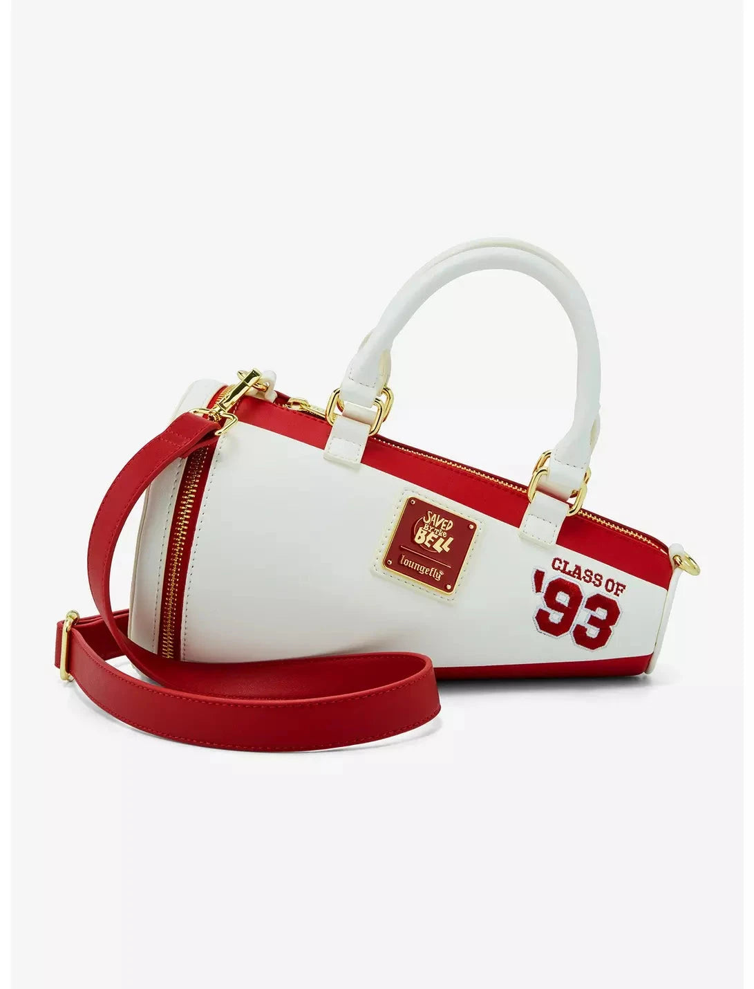 Back view of Bayside High Megaphone Crossbody Bag showing 'Class of 93' detail and Loungefly logo, combining nostalgia and functionality.