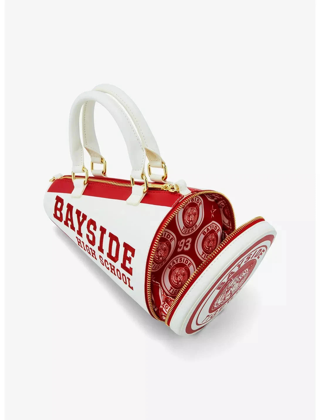 Open Bayside High Megaphone Crossbody Bag revealing spacious interior with printed lining featuring Bayside Tigers logos and '93' emblems.
