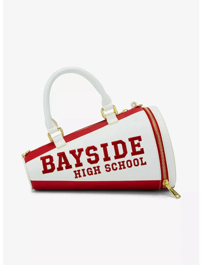 Shop Bayside High Megaphone Crossbody Bag shaped like a red and white megaphone with 'Bayside High School' text, perfect for Saved By The Bell fans.