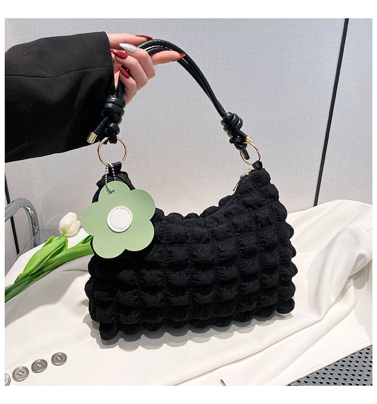 Popcorn Texture Flower Charm Mini Hobo Bag: Black / M