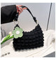 Popcorn Texture Flower Charm Mini Hobo Bag: Black / M