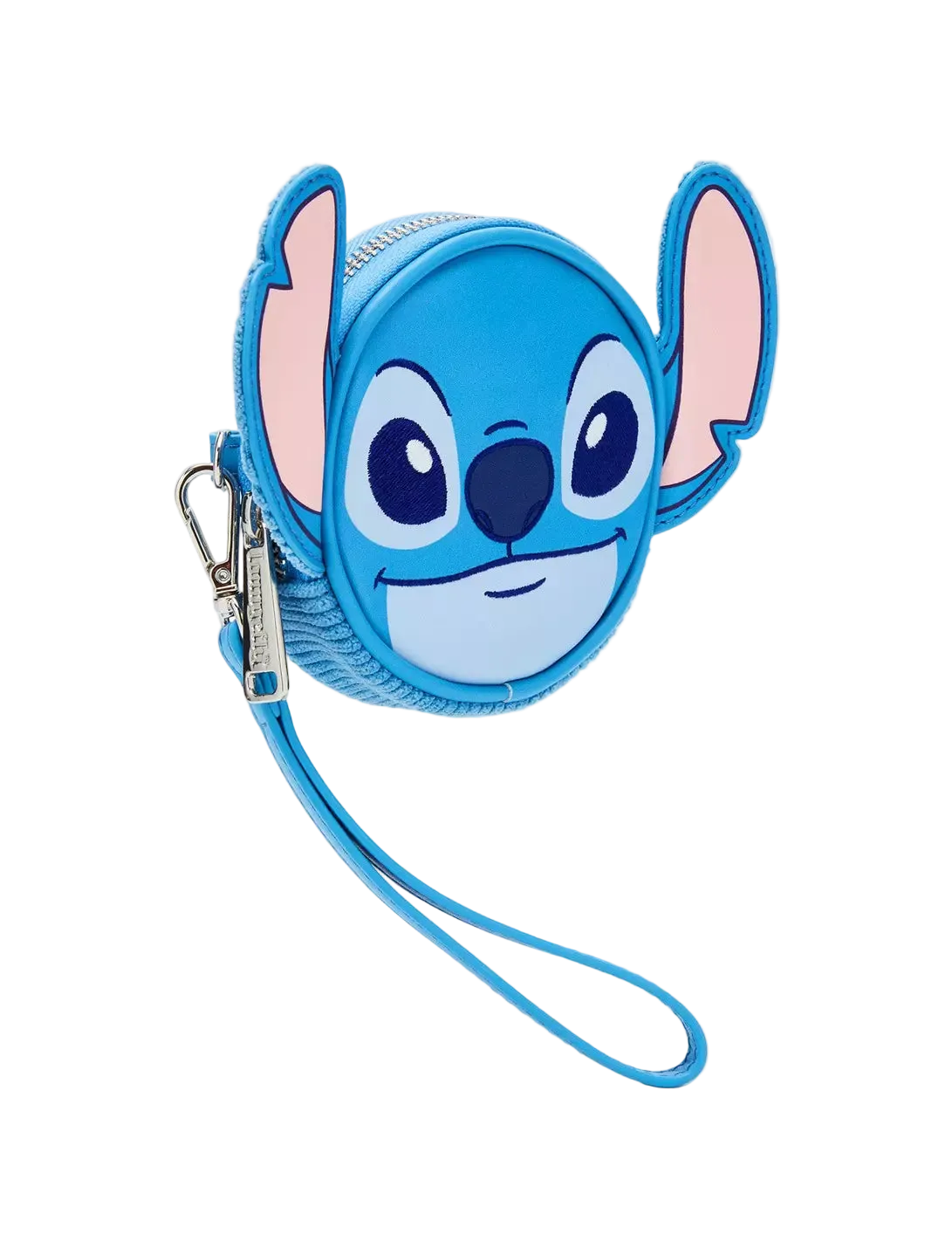 A blue Stitch character coin purse with a wristlet strap, featuring pink inner ears and a silver zipper, shown on a light gray background.