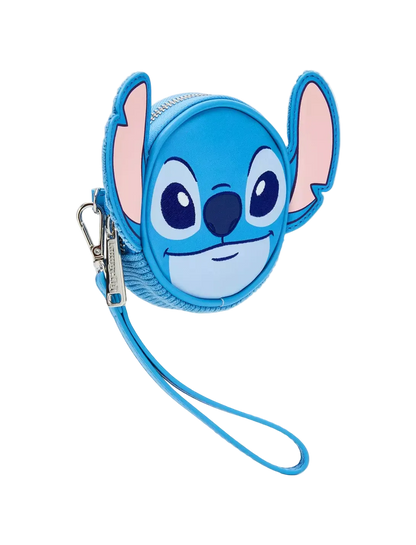 A blue Stitch character coin purse with a wristlet strap, featuring pink inner ears and a silver zipper, shown on a light gray background.