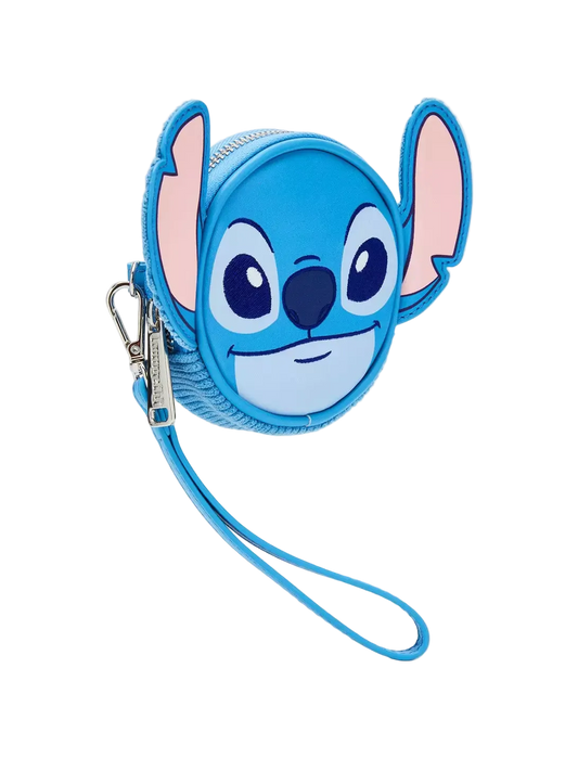 A blue Stitch character coin purse with a wristlet strap, featuring pink inner ears and a silver zipper, shown on a light gray background.