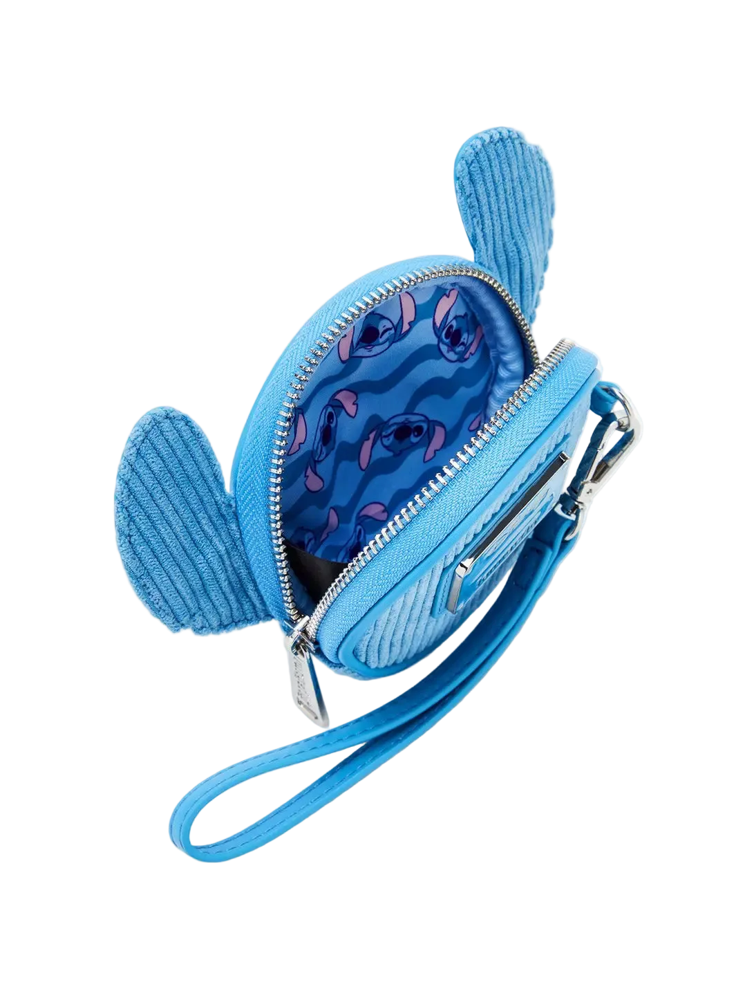A blue corduroy crossbody wallet shaped like a cartoon character, shown open to reveal a blue patterned interior lining, with a wrist strap and silver zipper on a white background.