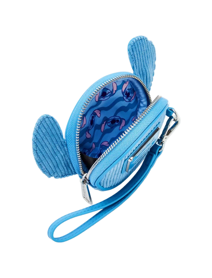 A blue corduroy crossbody wallet shaped like a cartoon character, shown open to reveal a blue patterned interior lining, with a wrist strap and silver zipper on a white background.