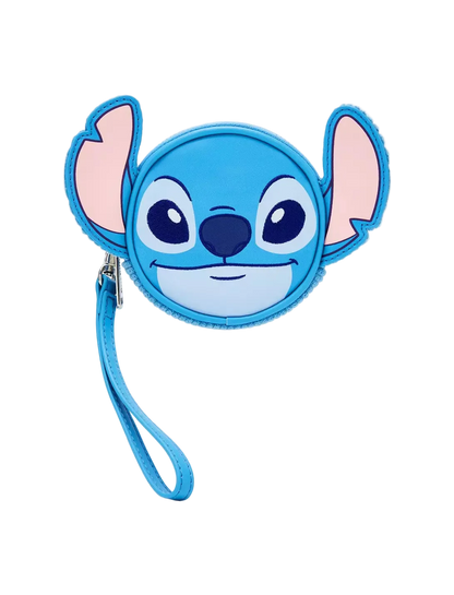 A blue cartoon character face wristlet coin purse with a matching wrist strap, featuring pink inner ears and a silver zipper, shown on a light gray background.