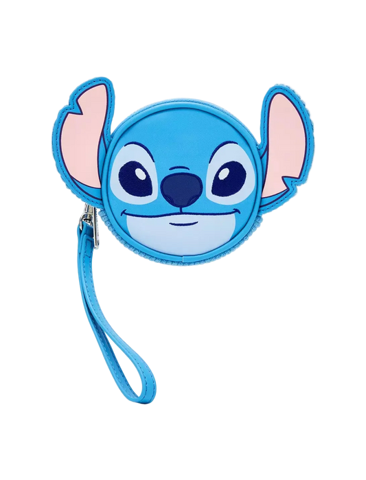 A blue cartoon character face wristlet coin purse with a matching wrist strap, featuring pink inner ears and a silver zipper, shown on a light gray background.