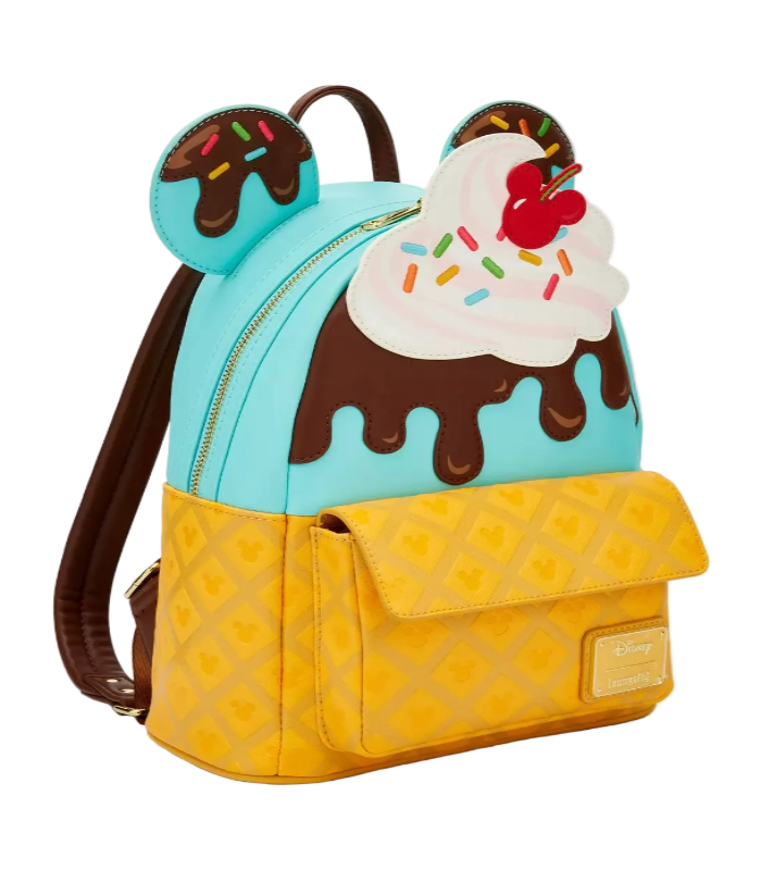 Backpack designed like a ice cream sundae with a cherry on top, chocolate sauce, and waffle cone base.