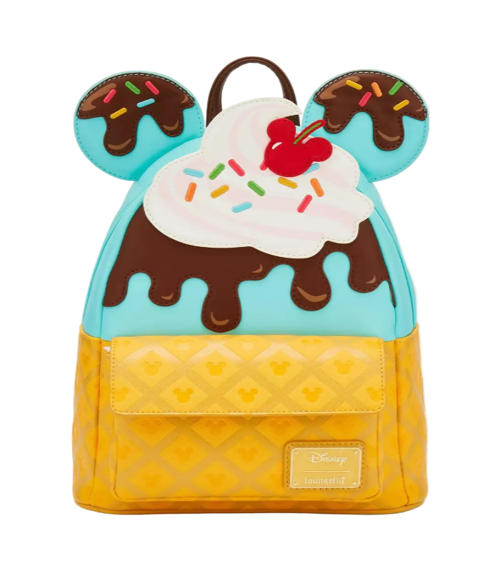 Backpack designed like a ice cream cone with cherry on top, chocolate syrup, and sprinkles.