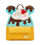 Backpack designed like a ice cream cone with cherry on top, chocolate syrup, and sprinkles.
