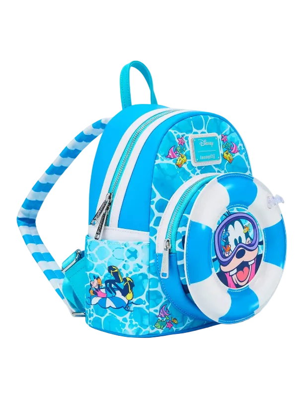 Blue backpack with cartoon character design on a white background