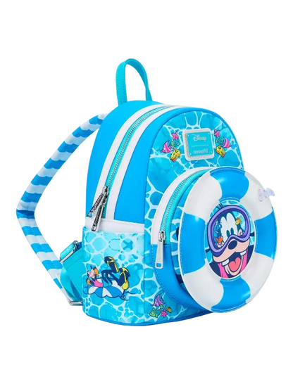 Blue backpack with cartoon character design on a white background