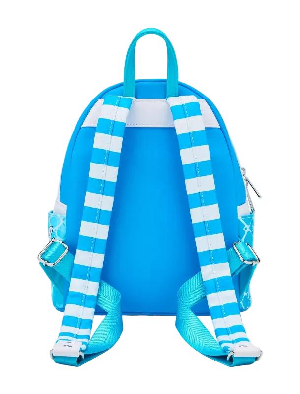 Blue backpack with white striped straps on a light gray background
