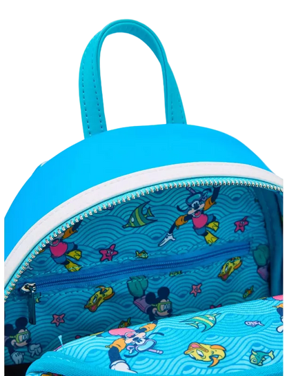 Blue backpack with cartoon character design on a white background