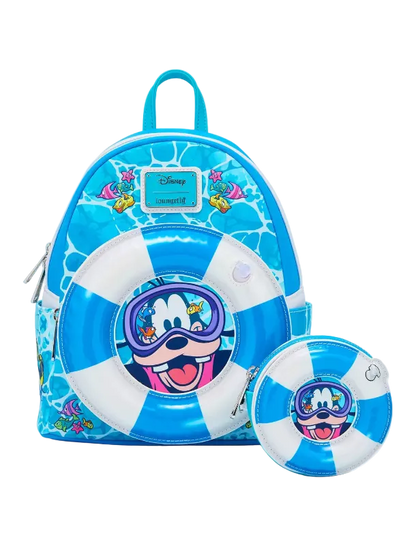 Backpack and inflatable ball with cartoon character design on a white background